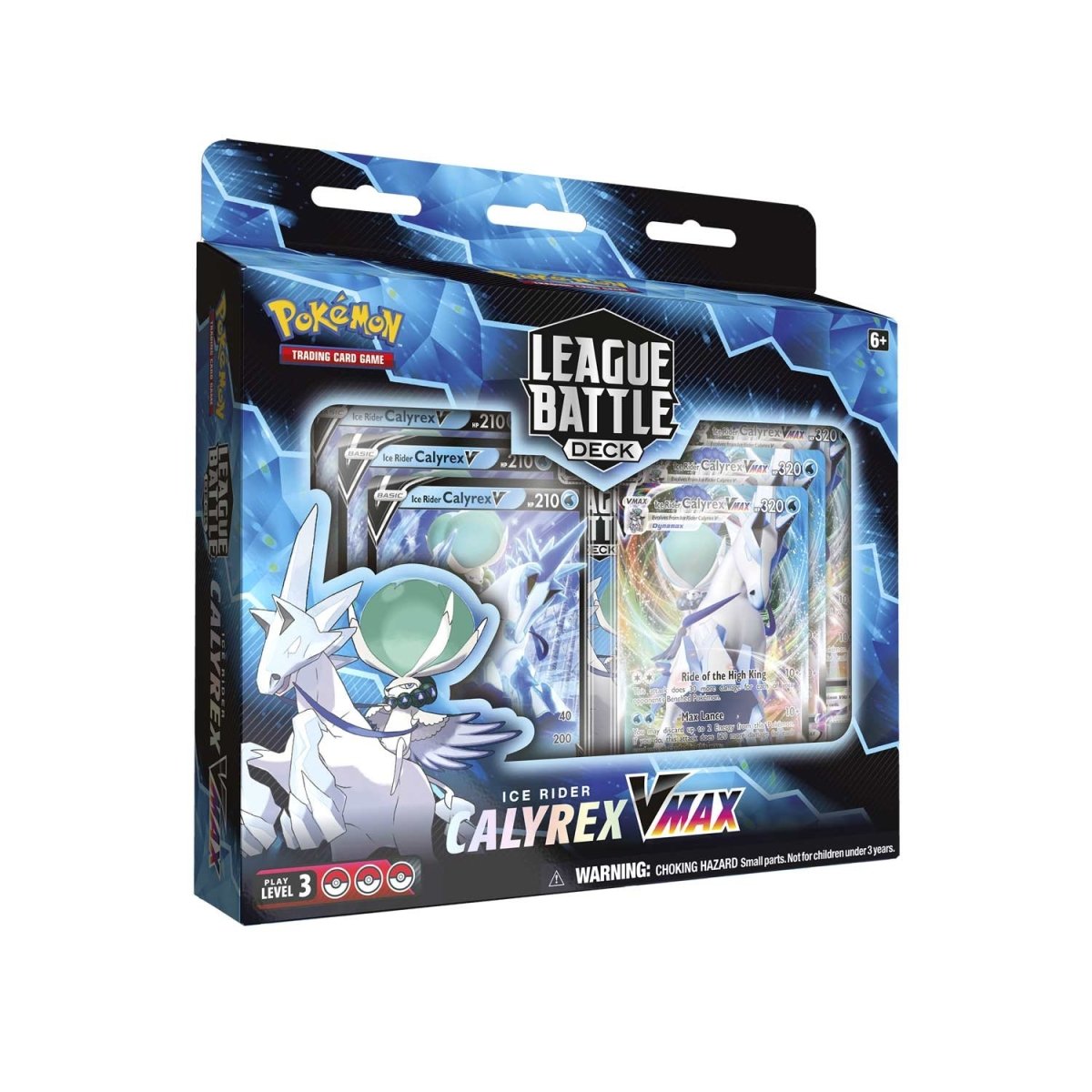 Pokémon TCG Ice Rider Calyrex VMAX League Battle Deck featuring Ice Rider Calyrex VMAX card and game accessories.