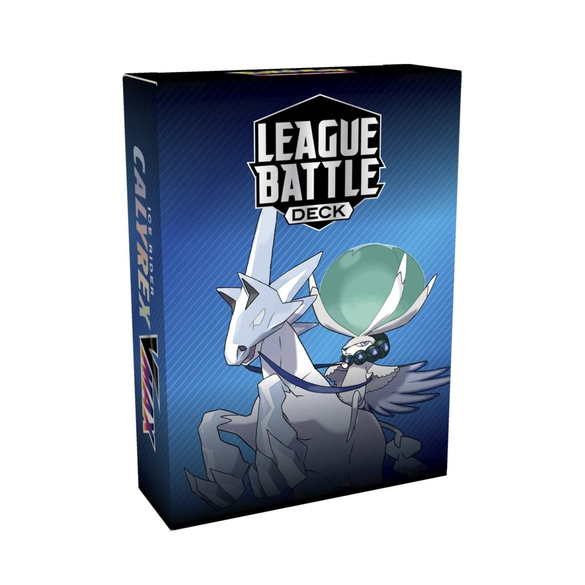 Pokémon TCG Ice Rider Calyrex VMAX League Battle Deck featuring Ice Rider Calyrex VMAX card and gameplay accessories.