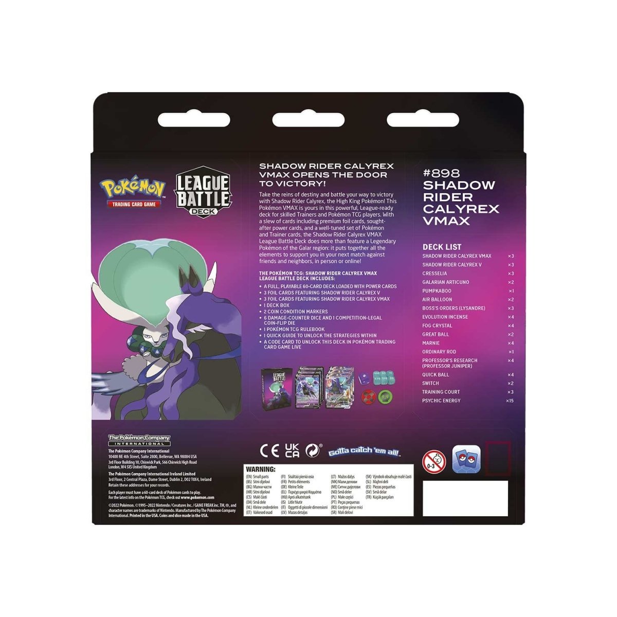Pokemon Shadow Rider Calyrex VMAX League Battle Deck for Pokémon TCG, featuring artwork of Calyrex VMAX and deck components.
