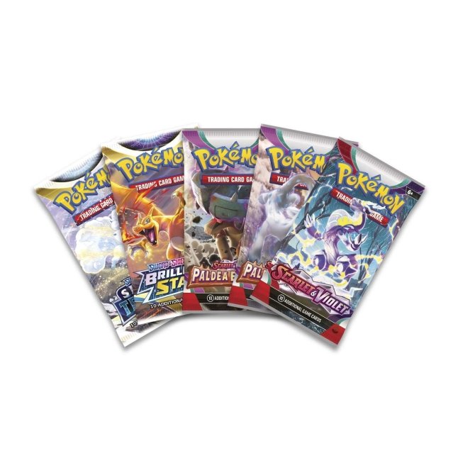 Pokemon Paldea Legends Tin featuring collectible Pokemon cards, with colorful artwork and character illustrations inside.