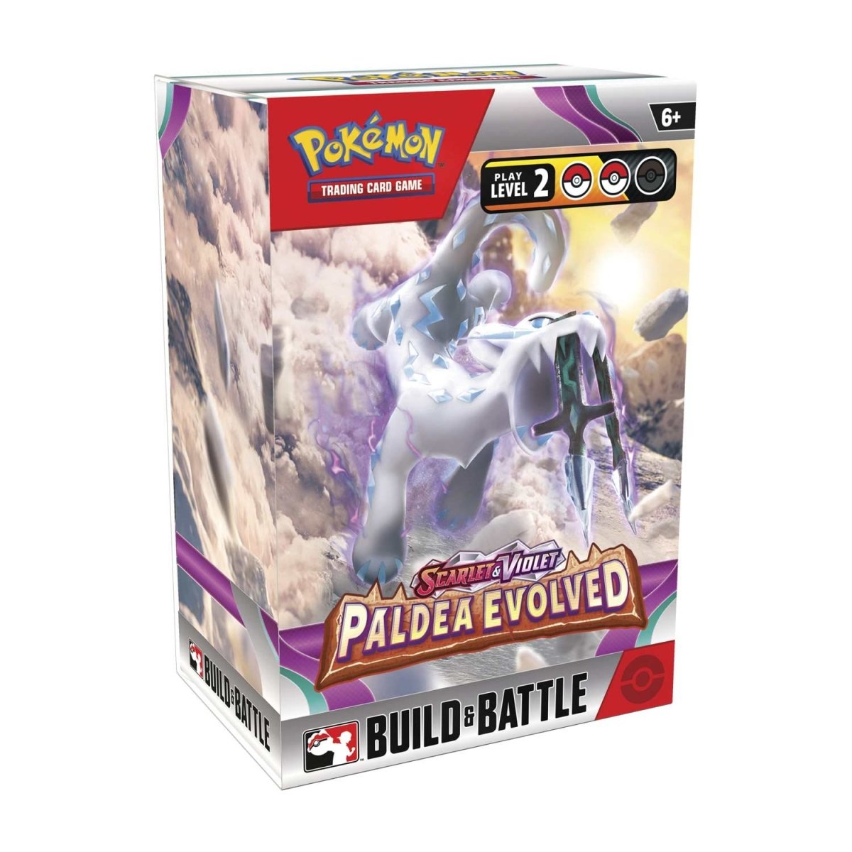 Pokemon Paldea Evolved Build & Battle Box containing trading cards, booster packs, and accessories for the Pokemon card game.