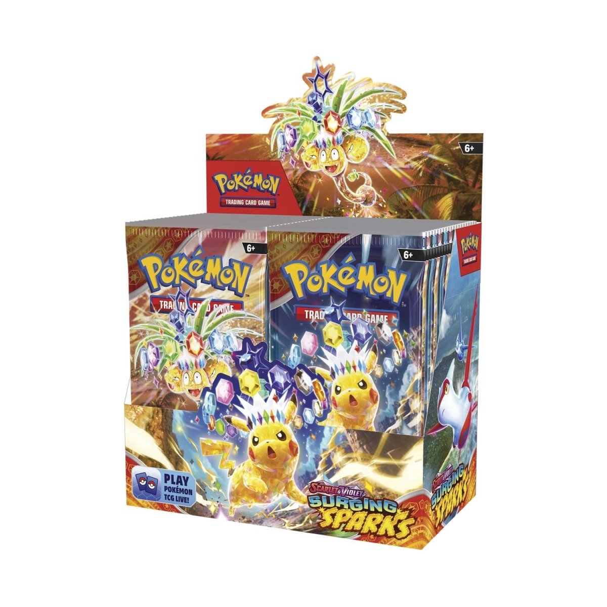Pokemon Surging Sparks Booster Box featuring vibrant packaging and colorful cards from the collectible card game.