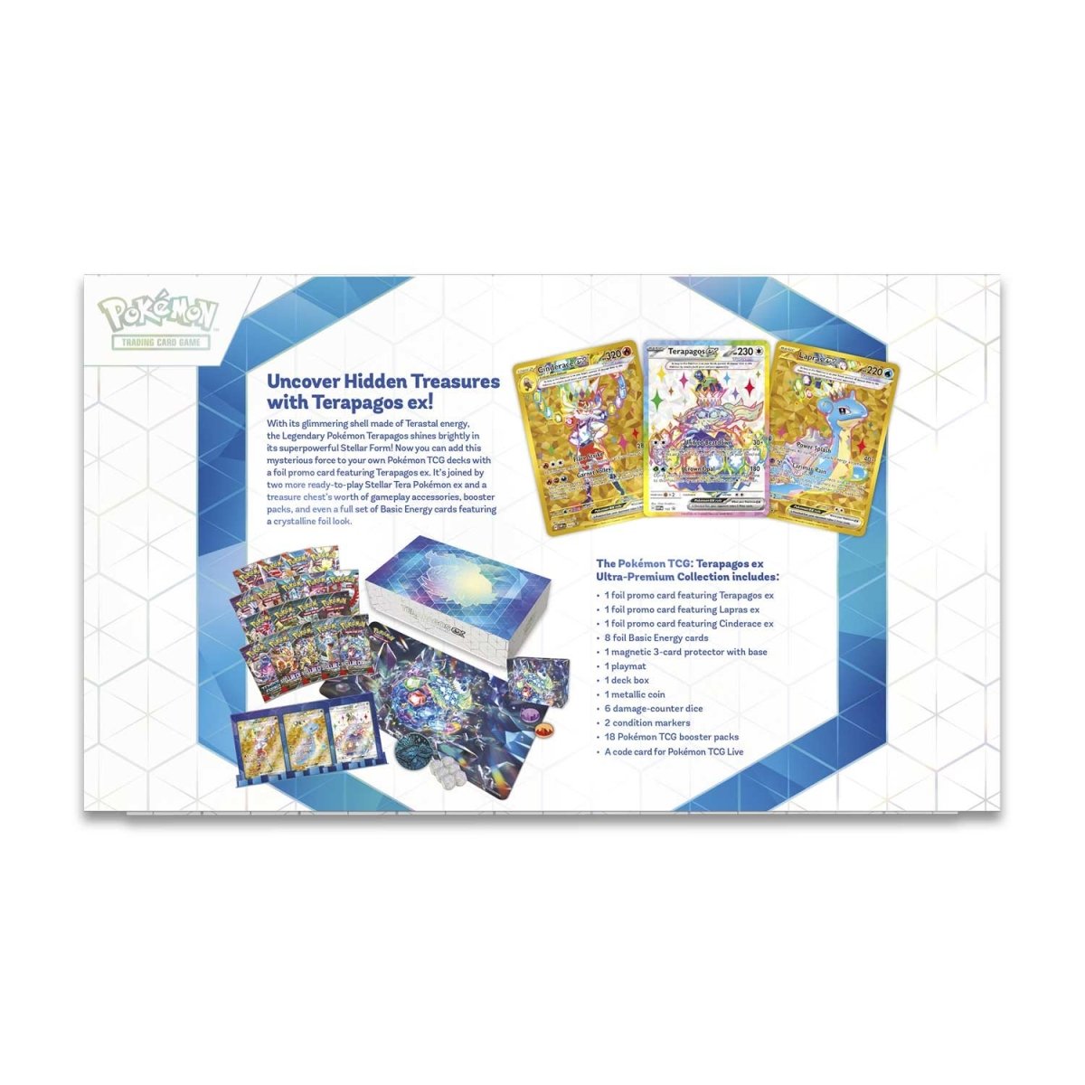 Pokemon Terapagos ex Ultra Premium Collection box with Pokémon TCG cards and accessories, featuring Terapagos ex artwork.