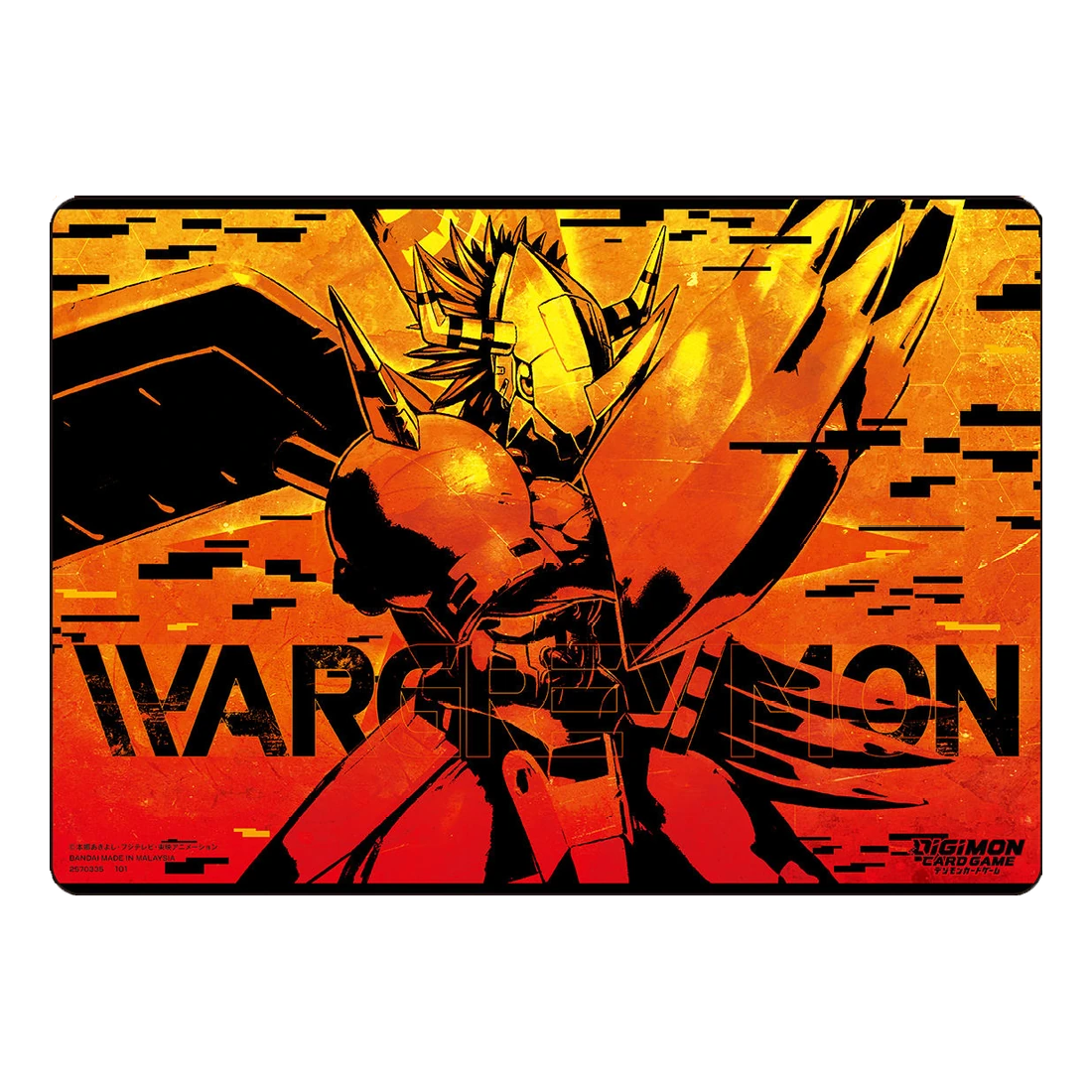 Official WarGreymon Digimon TCG playmat by Bandai featuring detailed WarGreymon artwork on a vibrant background.