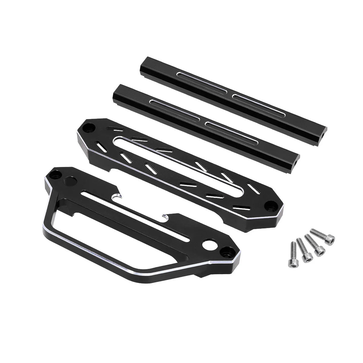 Powerhobby Flysky NB4 RC car aluminum frame protector in black, mounted on a remote control vehicle, showing durable construction.