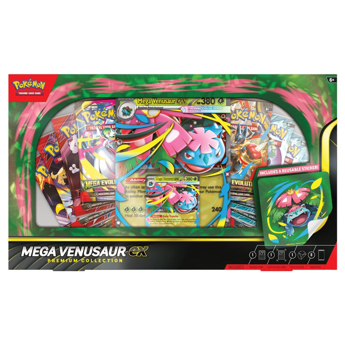 Front view of Pokémon Mega Venusaur ex Premium Collection box featuring Pokémon Mega Venusaur ex card and collectible items.
