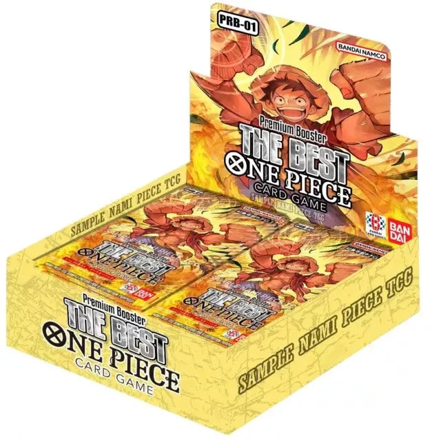 Bandai One Piece TCG premium booster box with collectible trading cards, featuring vibrant packaging and multiple booster packs.