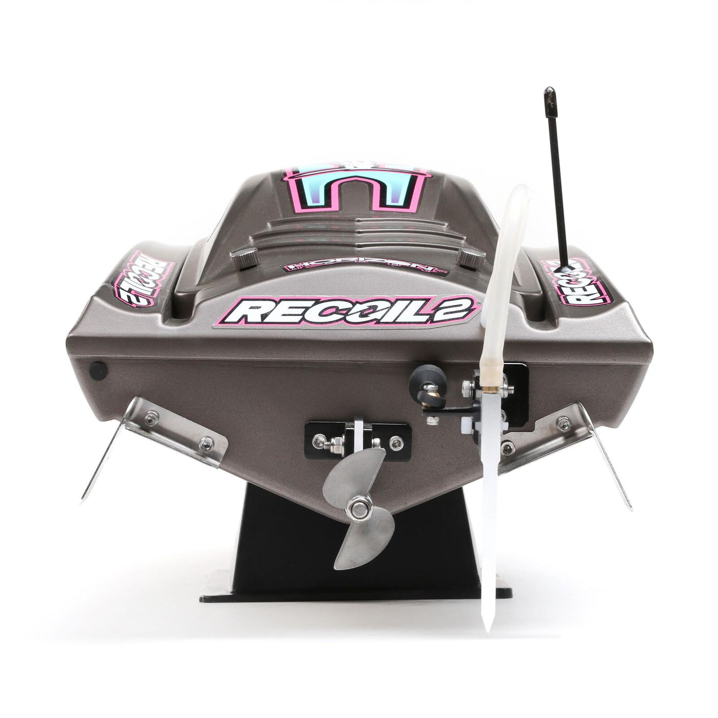 Proboat Heatwave Recoil 2 V2 26-inch self-righting RC boat on water, featuring bright colors and sleek design