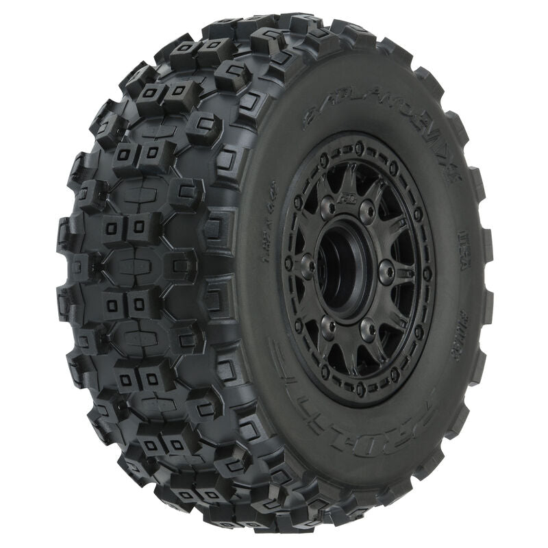 Proline Badlands MX SC M2 MTD Raid Slash RC truck tires with rugged tread for 2WD and 4WD off-road RC vehicles.