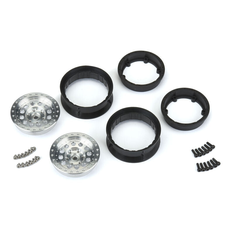 Pair of Proline 1/10 Rock Shooter aluminum wheels, 1.9-inch size, featuring a rugged design for RC vehicles.