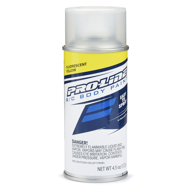 Proline 4.5oz fluorescent spray paint can with bright yellow color and aerosol nozzle for outdoor marking and art projects.