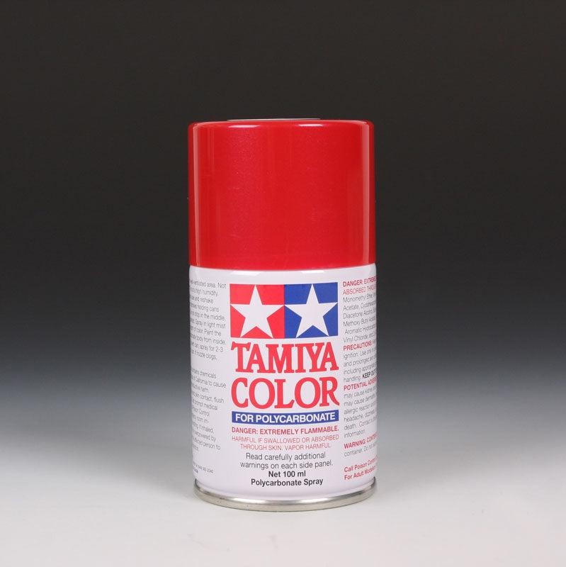 Tamiya PS-15 Metallic Red spray paint can, 100ml, with metallic red finish and spray nozzle for model and hobby projects.