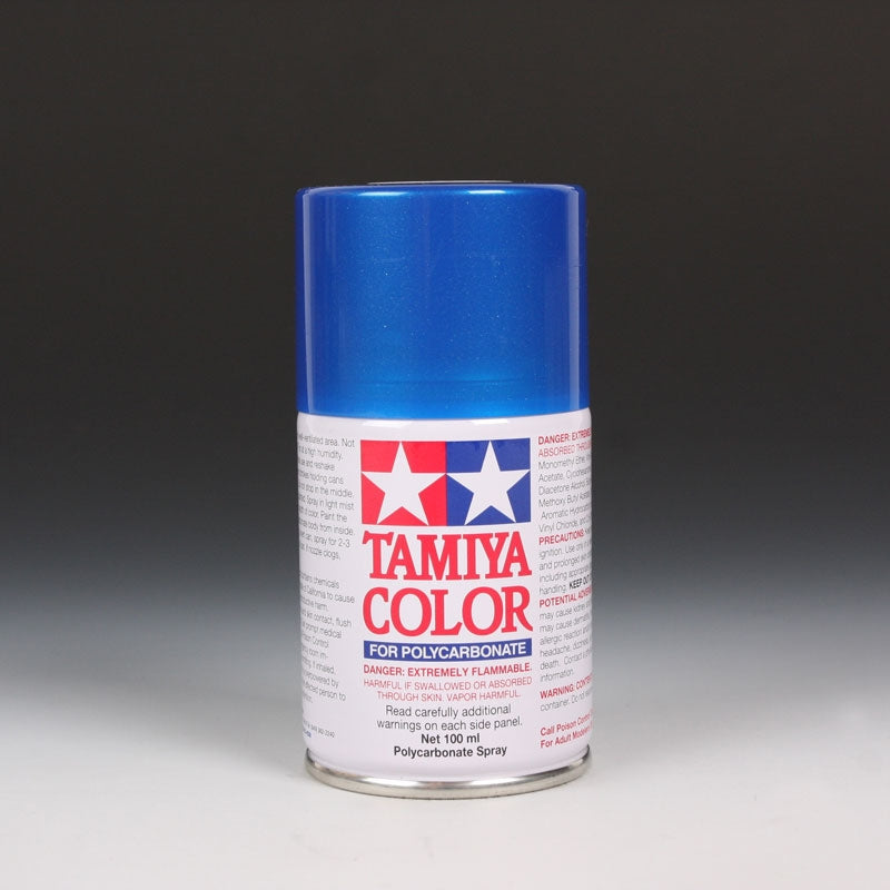 Tamiya PS-16 Metallic Blue spray paint can, 100ml, with a metallic blue color and a spray nozzle for model and hobby painting.