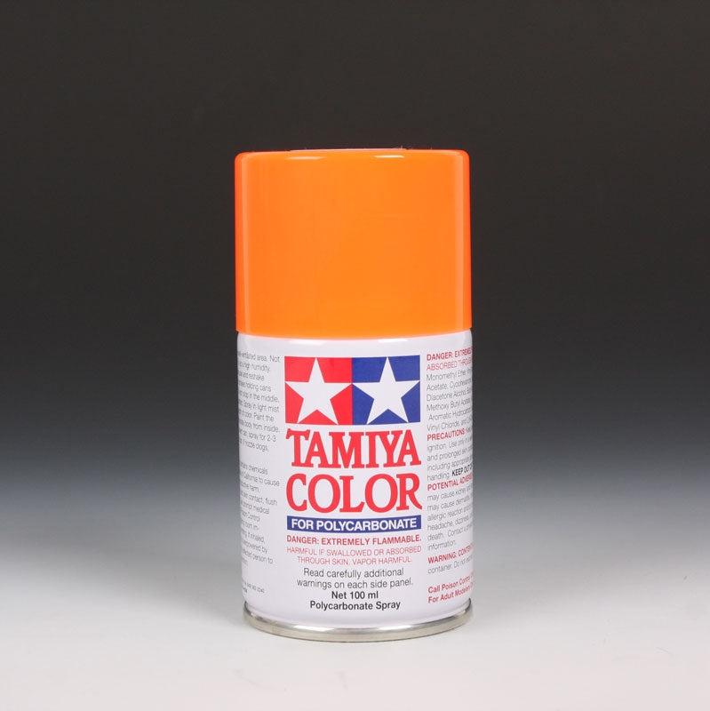 Tamiya PS-24 Fluorescent Orange spray paint can, 100ml, with bright orange paint visible in the can and spray nozzle.