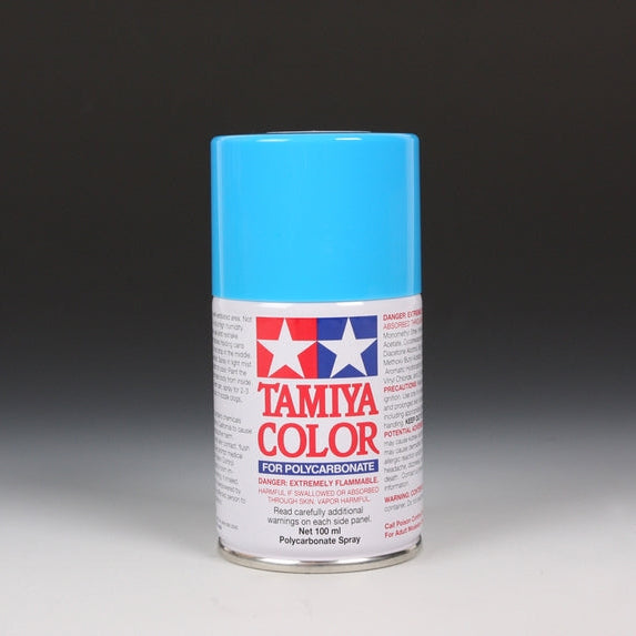 Tamiya PS-3 Light Blue spray paint can, 100ml, with a silver cap and label, ready for model and hobby painting projects.