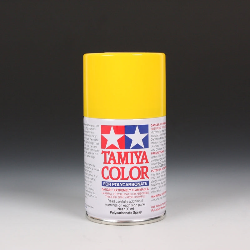 Tamiya PS-6 Yellow spray paint can, 100ml, with yellow spray nozzle and label showing product details.