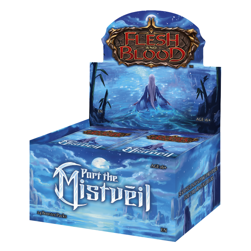Flesh and Blood Part the Mistveil Booster Box of collectible trading cards by Legends Story Studios, featuring vibrant card artwork.