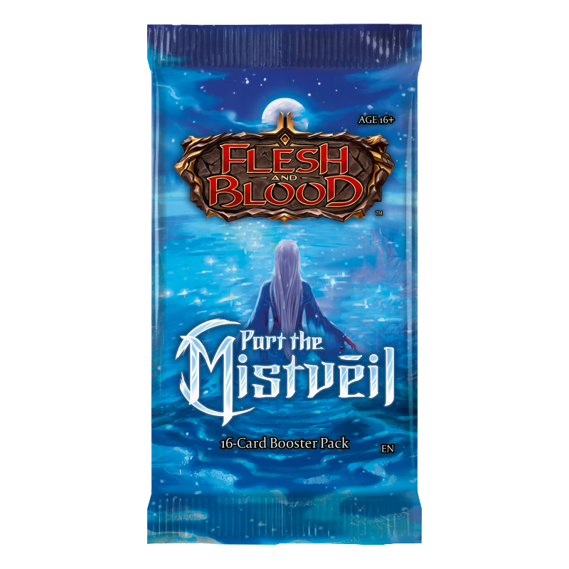 Flesh and Blood Part the Mistveil booster pack of collectible trading cards by Legends Story Studios, featuring vibrant card artwork.