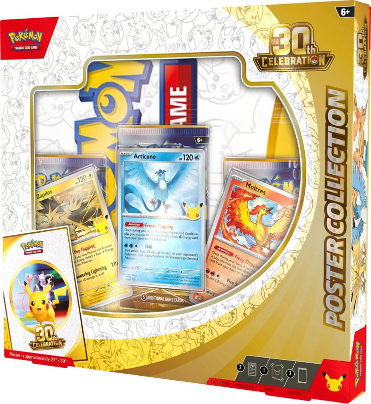 Pokémon 30th Celebration Poster Collection box set, featuring a gold and white box with a clear window displaying various Pokémon trading cards, including a blue Articuno card in the center.