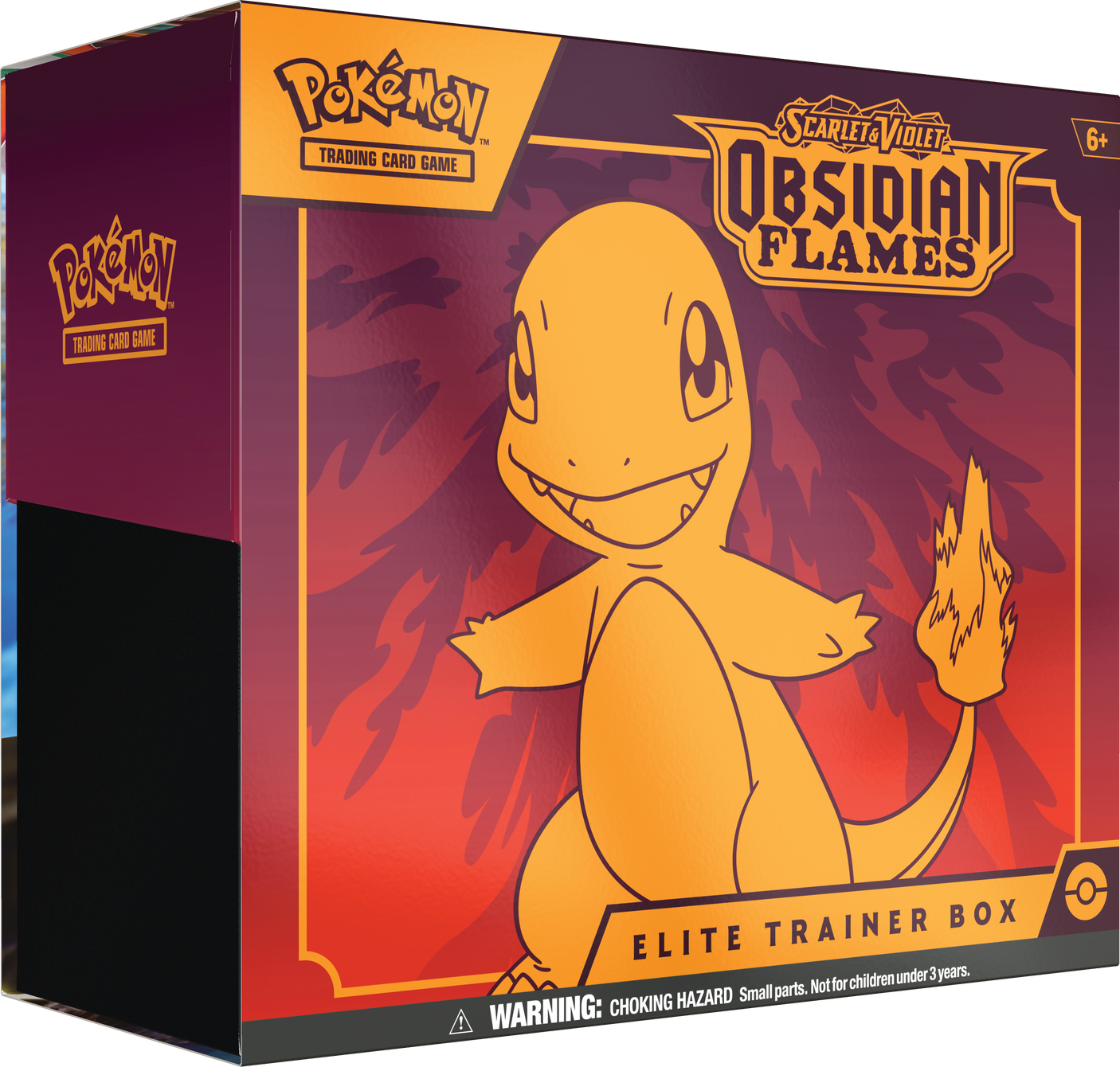 Pokémon TCG Obsidian Flames Elite Trainer Box featuring Pokémon branding and artwork, containing card storage and accessories.