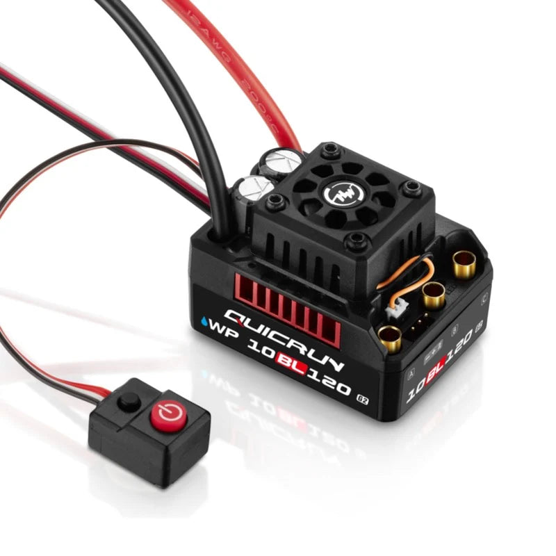 Hobbywing QUICRUN WP 10BL120 G2 sensorless RC car ESC with cooling fan, mounted on a circuit board for high-performance control