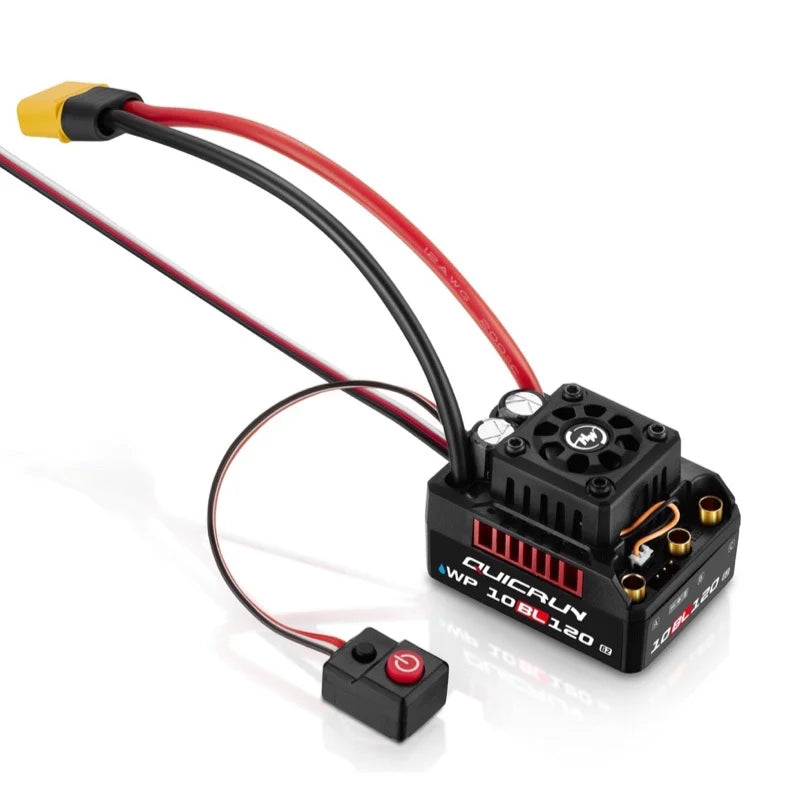 Hobbywing QUICRUN WP 10BL120 G2 sensorless ESC for RC cars, black compact electronic speed controller on a neutral background.