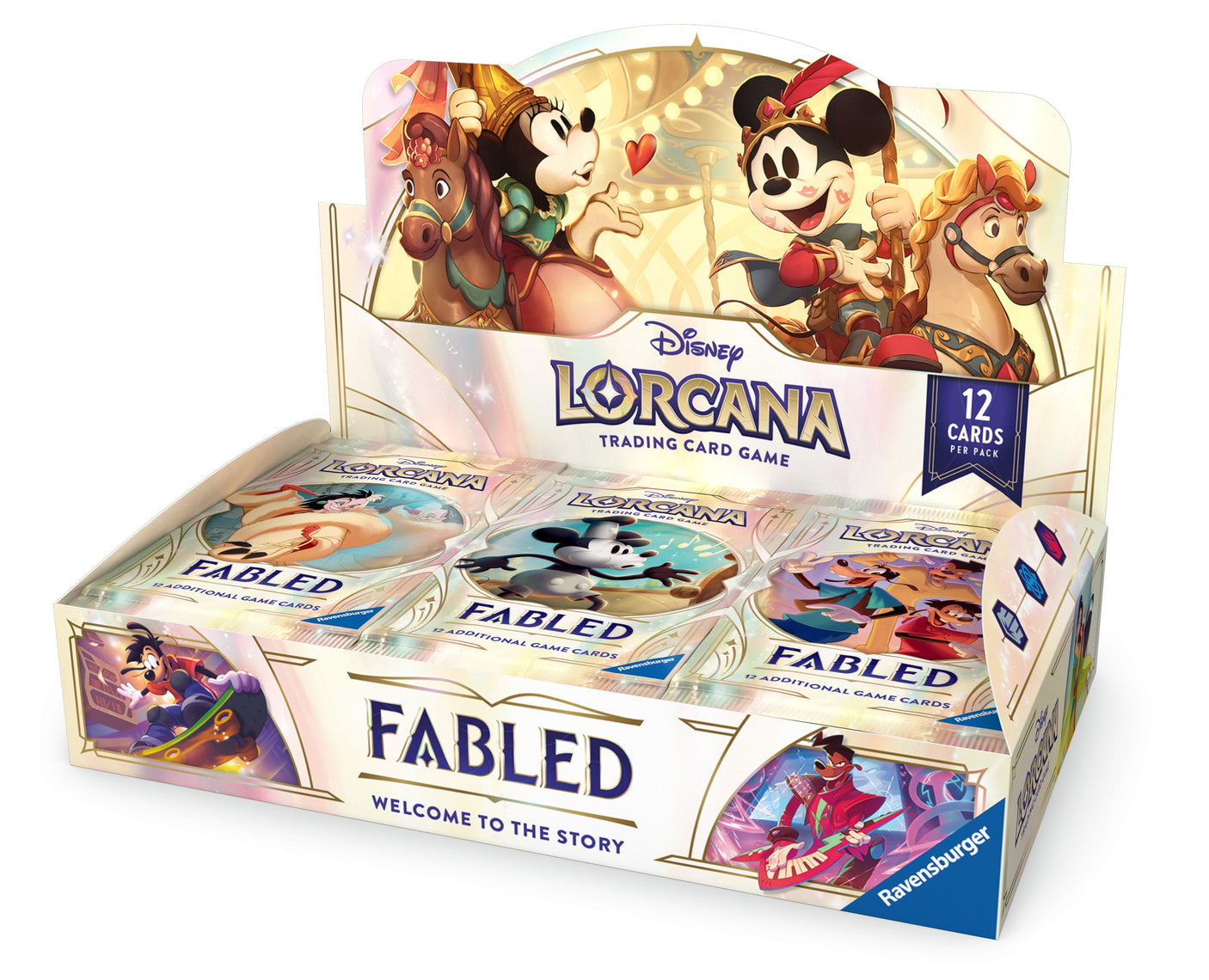 Lorcana TCG Fabled Booster Box featuring colorful card artwork and packaging for collectible trading card game.