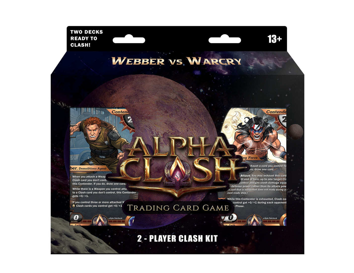 Two collectible trading cards from the Alpha Clash TCG: Unrivaled 2-Player Clash Kit by Rising Empire Studios.