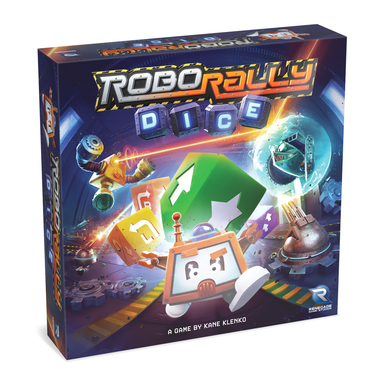 Set of Robo Rally dice from Renegade Game Studios in a colorful box with a shadowed 3D effect.