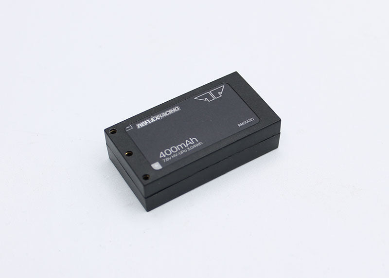 Reflex Racing RRE015 400mAh 7.6V LIHV hardcase RC car lipo battery with black and red design and branding.