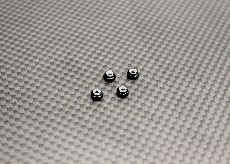 Reflex Racing RX525 aluminum black wheel nuts for RC cars, close-up of durable, lightweight RC car parts with a sleek finish.