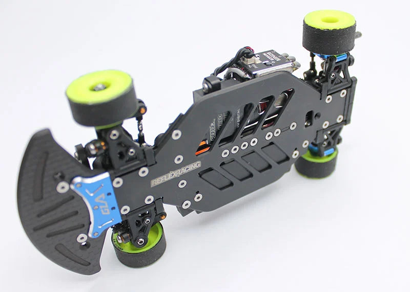 Reflex Racing RXGL-KIT Giulia RC car upgrade kit with 98mm parts, shown assembled with metal and plastic components.