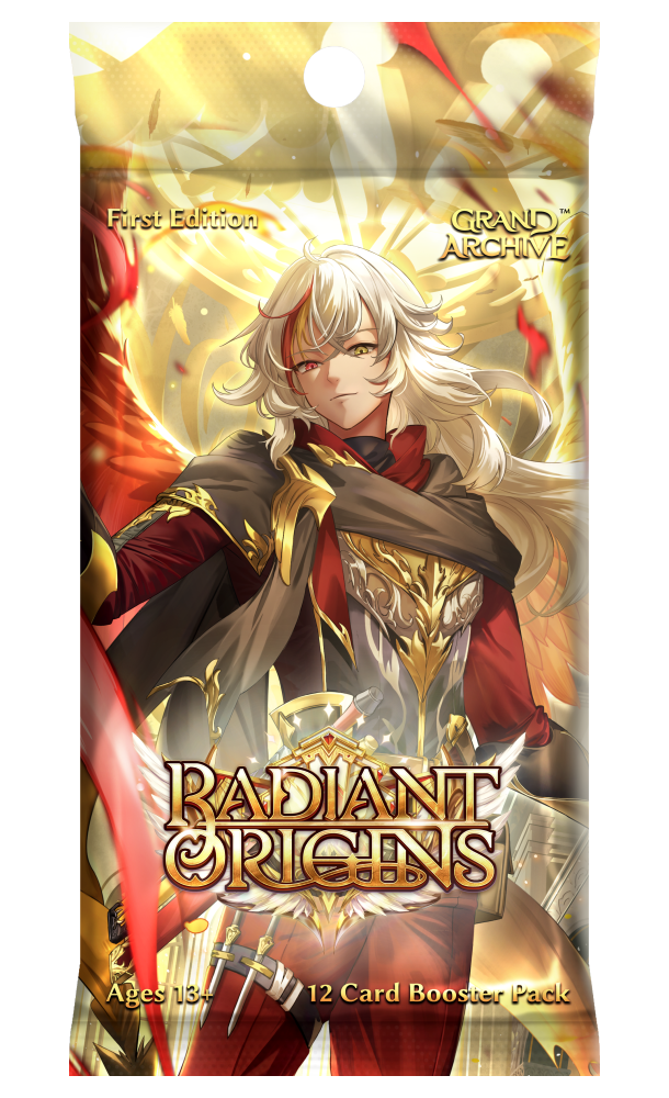 Radiant Origins 1st Edition booster pack for Grand Archive TCG by Weebs of the Shore, featuring colorful card artwork.
