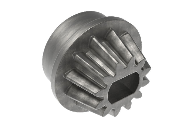 Traxxas rear differential pinion gear showing metal gear teeth and housing for RC car drivetrain components.
