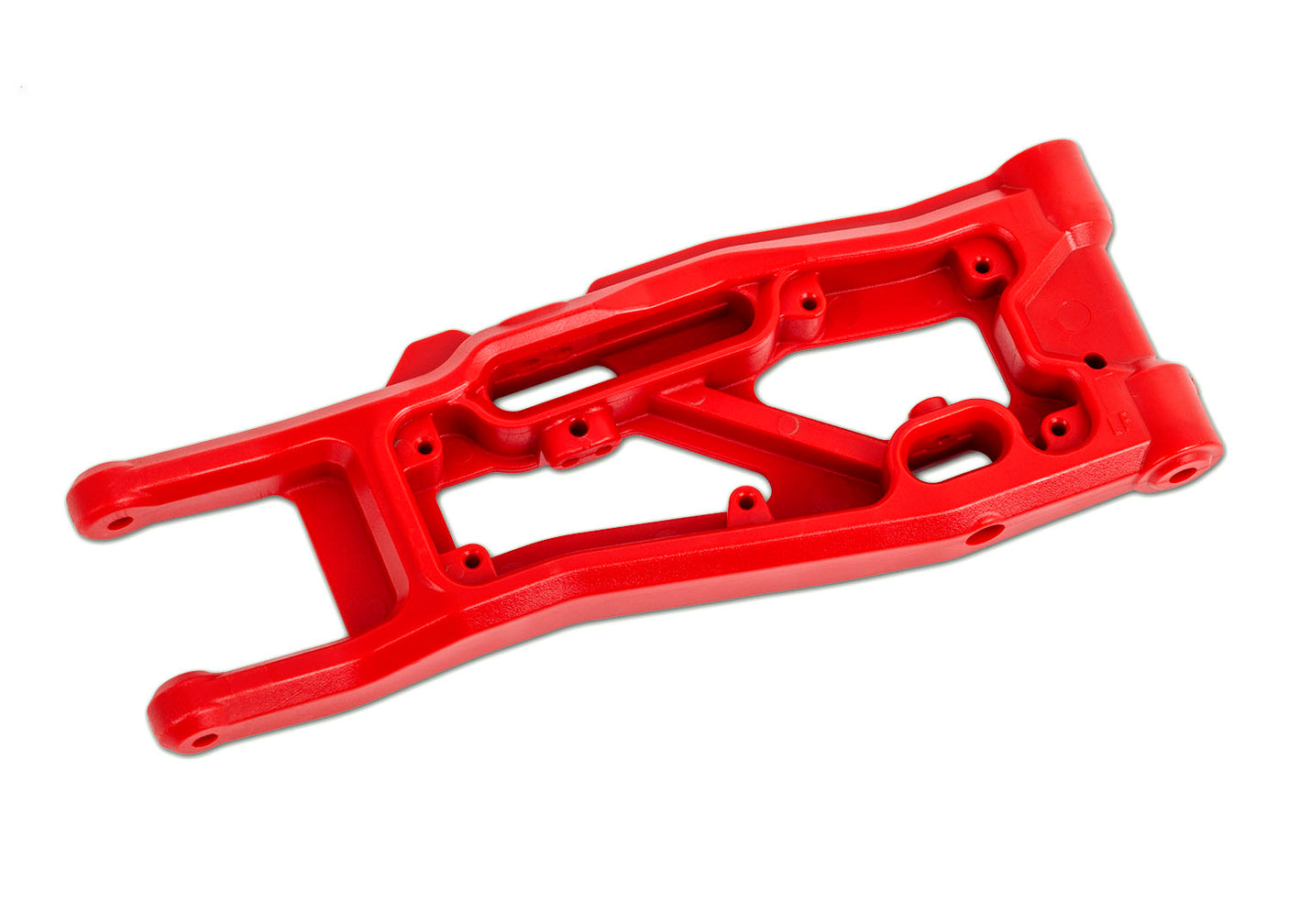 Red Traxxas left front suspension arm for RC car, featuring durable plastic construction and precise fit.