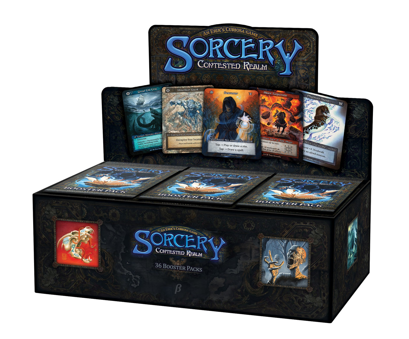 Sorcery: Contested Realm Beta Booster Box of collectible trading cards featuring vibrant fantasy artwork and card designs.