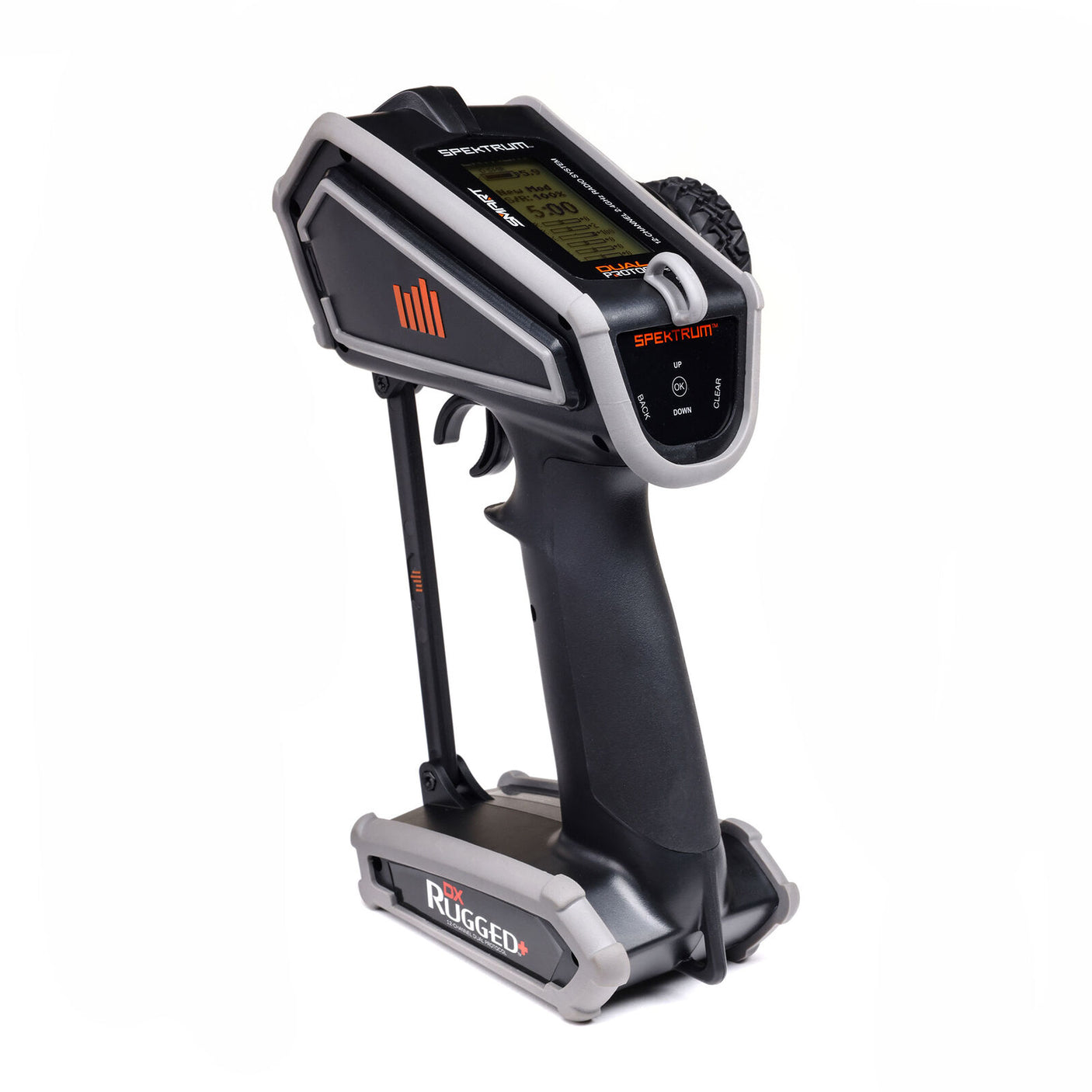 Spektrum DX Rugged+ 12-channel DSMR transmitter with SR615 receiver, shown with controls and display in a close-up view.