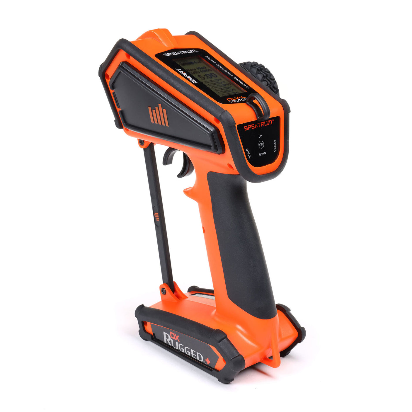 Spektrum DX Rugged+ 12-channel DSMR+ transmitter with rugged design and ergonomic controls, no receiver included