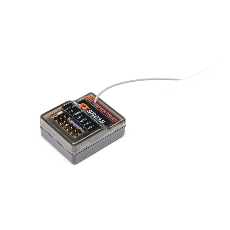 Water-resistant Spektrum SR615 DSMR 6-channel RC receiver with antenna and LED indicators on a black background.