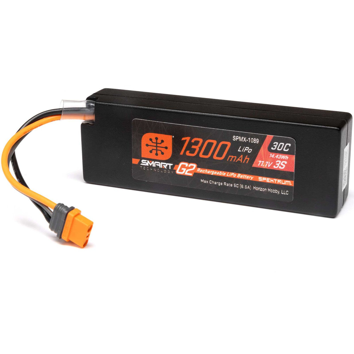Spektrum 11.1V 1300mAh 3S 30C Smart G2 LiPo Battery with IC2 connector for RC models, shown with battery and connectors.