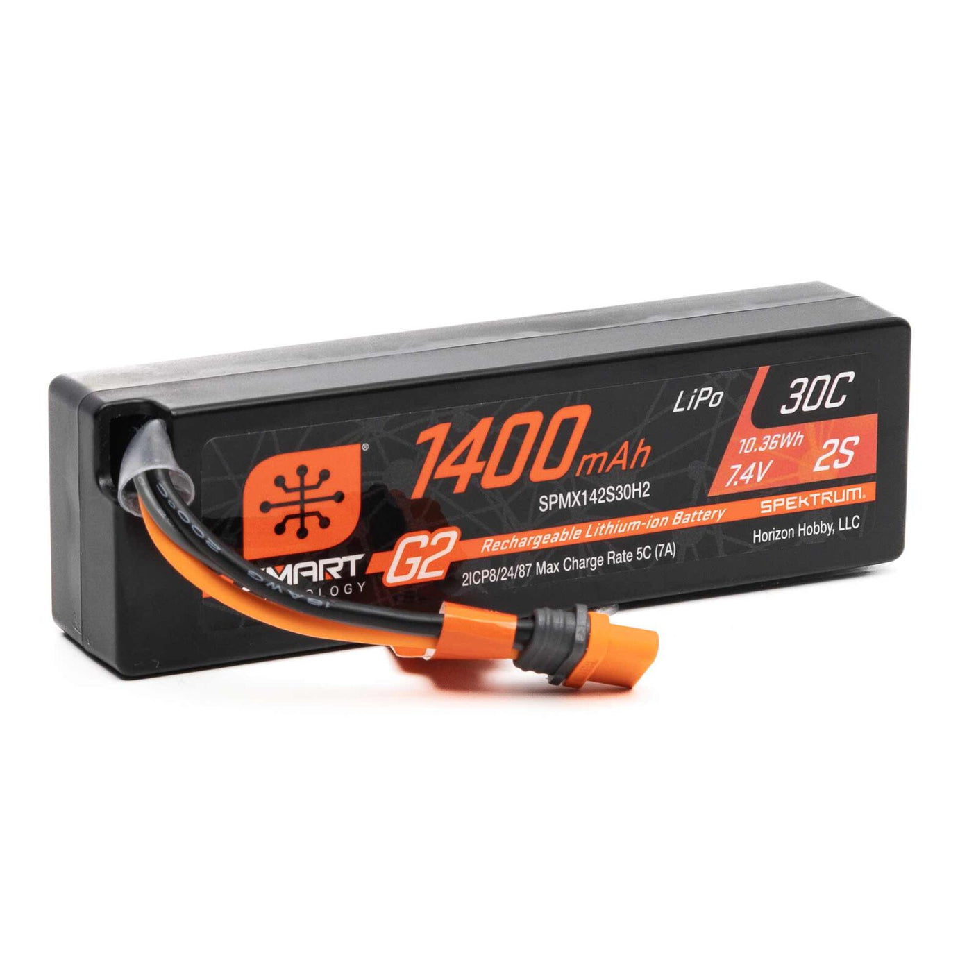Spektrum 7.4V 1400mAh 2S 30C Smart G2 LiPo Battery with IC2 connector for RC vehicles and drones.