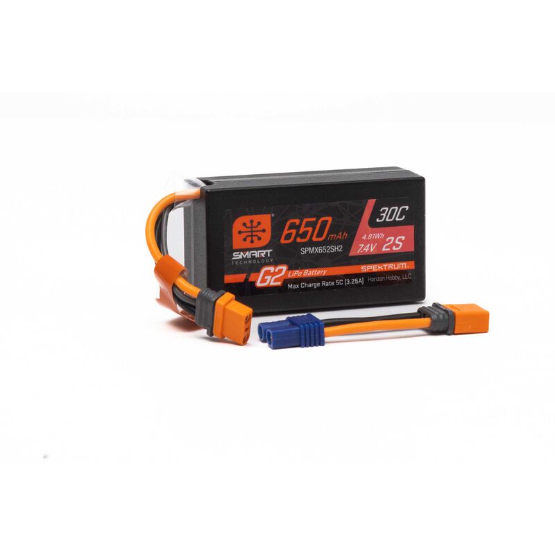 Spektrum 7.4V 650mAh 2S Smart G2 hardcase LiPo battery with 30C discharge rate and IC2 connector.