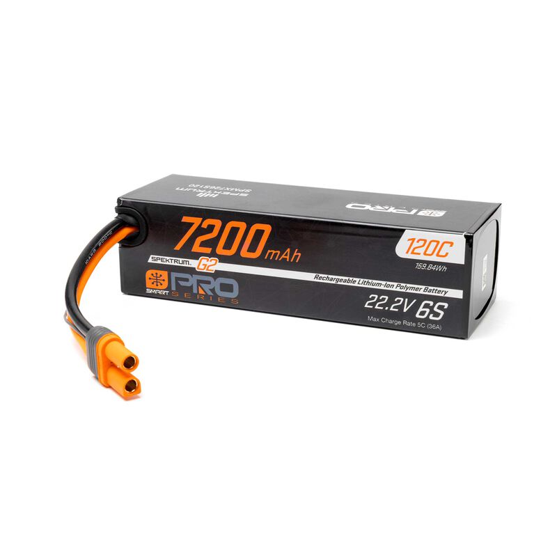 Spektrum 7200mAh 6S 22.2V 120C LiPo battery with IC5 connector, showing the battery pack with branding and connector details