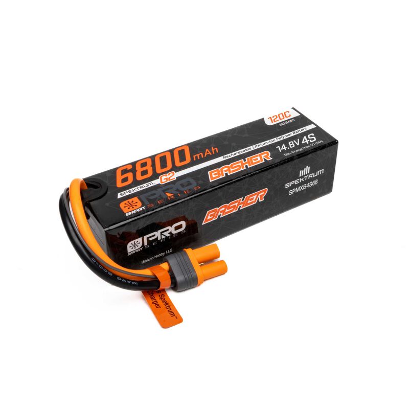 Spektrum 6800mAh 4S 14.8V Smart Pro Basher LiPo battery with 120C discharge rate and IC5 connector, ready for RC vehicles.