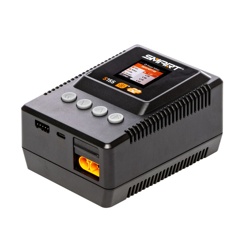 Spektrum S155 55W AC G2 Smart Charger for RC batteries, compact black device with digital display and connection ports.
