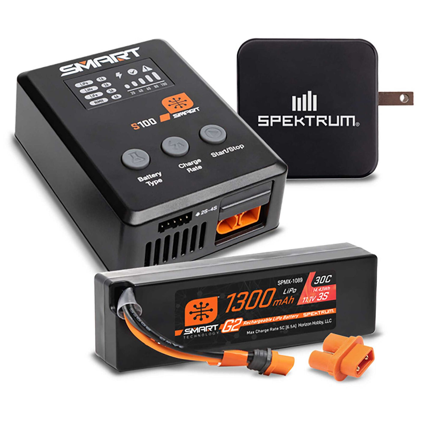 Spektrum Smart Powerstage bundle with 1300mAh 3S LiPo battery and S100 charger for RC hobby applications.