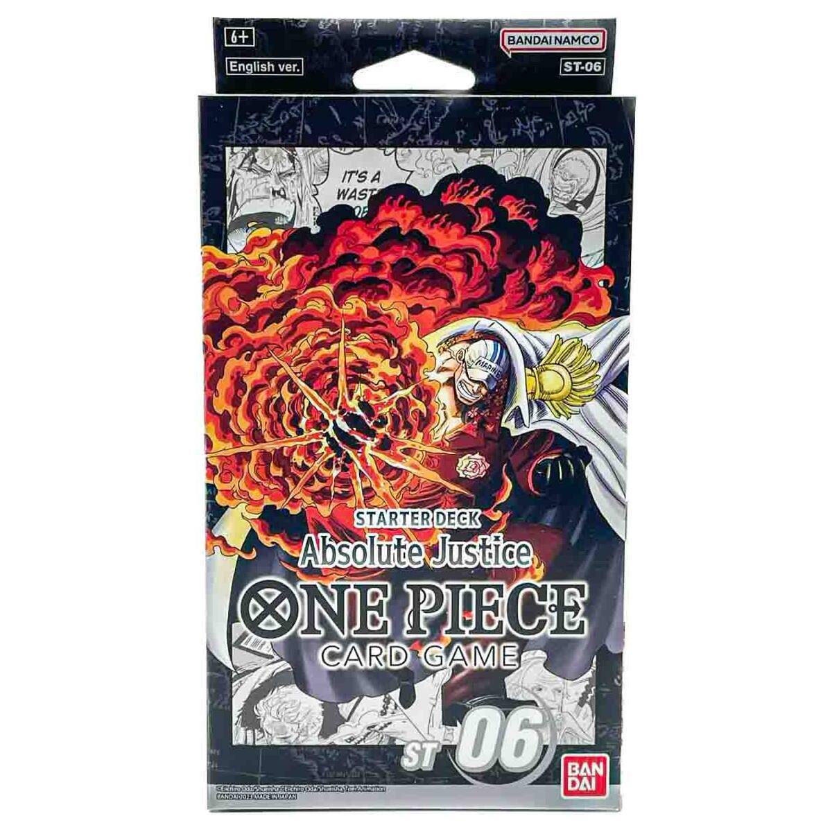 Bandai One Piece TCG Absolute Justice Starter Deck (ST-06) featuring colorful character cards and game components on a tabletop.