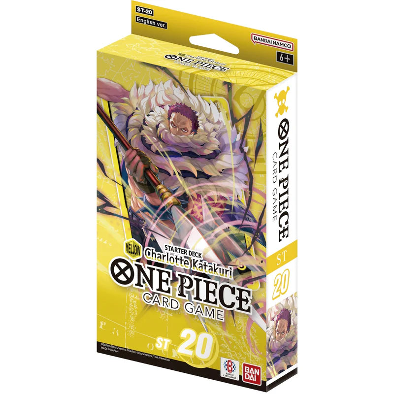 Bandai One Piece TCG Charlotte Katakuri Starter Deck (ST-20) featuring colorful cards and packaging with character artwork.