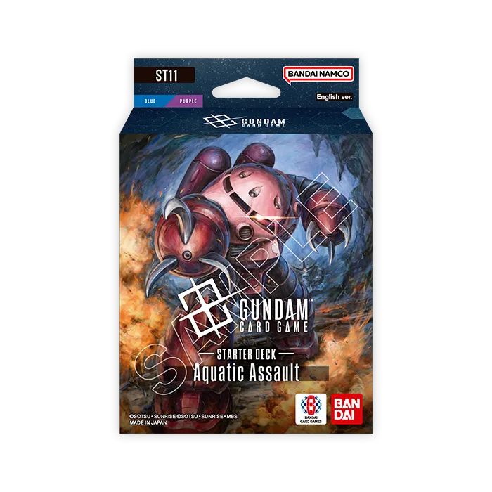 Bandai Gundam Starter Deck Aquatic Assault (ST-11) with colorful Gundam character cards displayed on a white background.