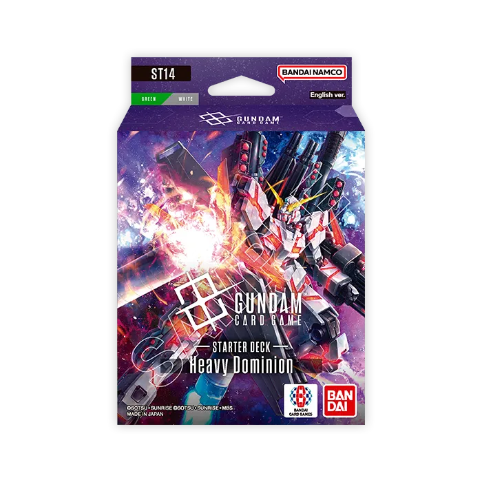Bandai Gundam Starter Deck Heavy Dominion (ST-14) card deck, featuring detailed artwork on a white background.